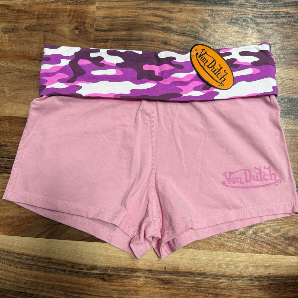 Von Dutch Pink Camo Retro Logo Y2K Style Foldover Bike Yoga Shorts Size L NWT